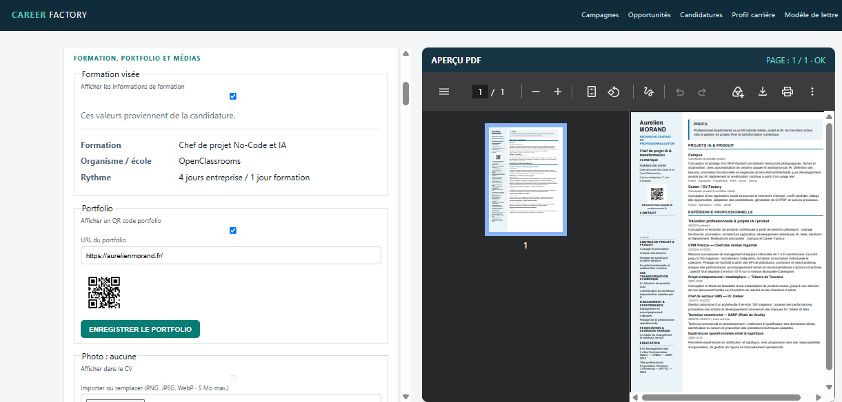 Composition Studio de Career Factory : formation et portfolio configurables à gauche, aperçu du CV final sur une page à droite